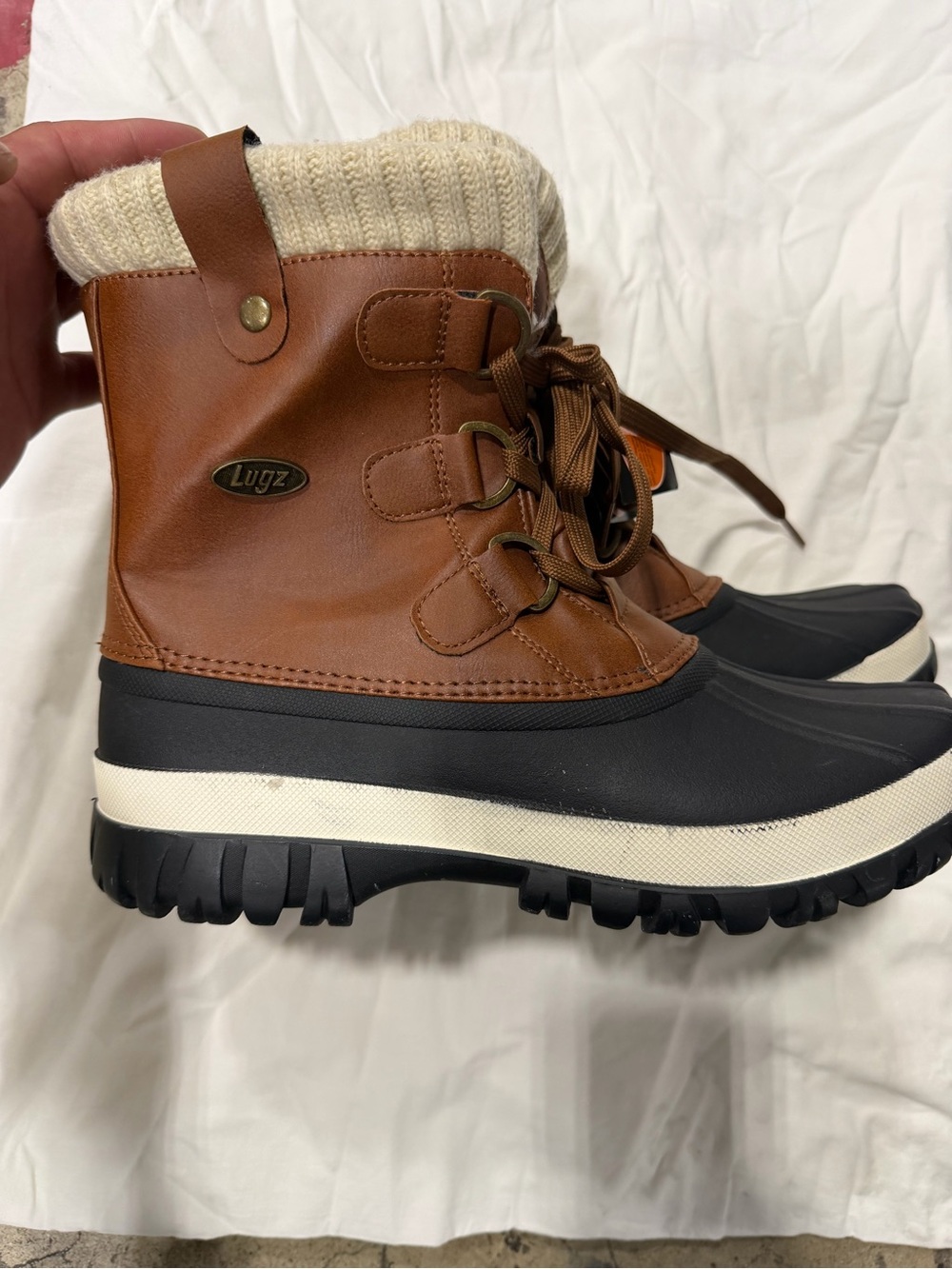 Lugz Brown and Black Winter Rain Boots with Cream Knit Cuff